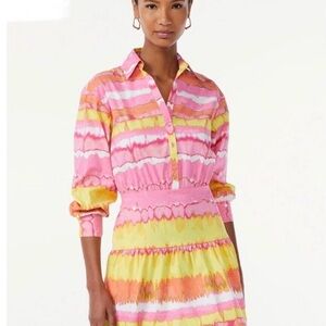 Scoop Watercolor Stripe Shirt Dress| Pink Yellow Tiered | XL